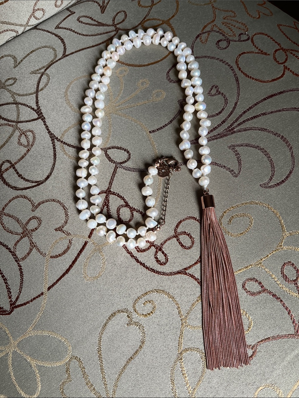 Elegant Faux Pearl Necklace with Rose Gold Tone Tassel - Women Jewelry